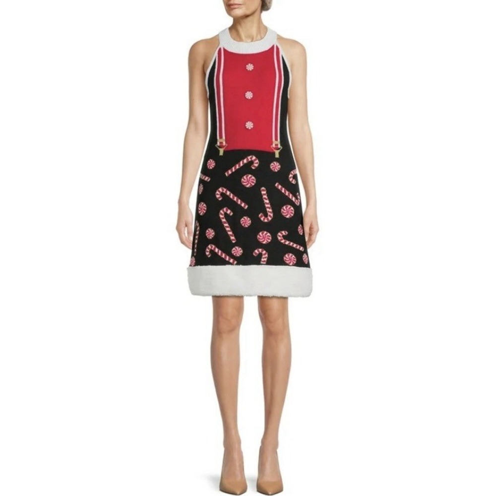 Women's (Jrs) Black Christmas Candy Cane Ugly Holiday‎ Sweater Dress L (11-13)